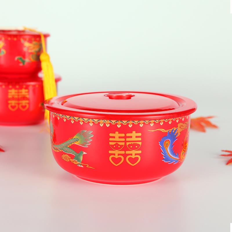 婚庆用品陶瓷保鲜碗带盖三件套 中国红龙凤套装 新娘嫁妆陪嫁摆件 (1)