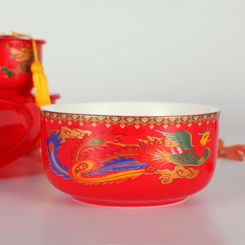 婚庆用品陶瓷保鲜碗带盖三件套 中国红龙凤套装 新娘嫁妆陪嫁摆件 (2)