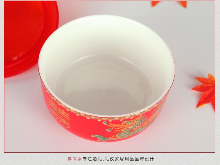 婚庆用品陶瓷保鲜碗带盖三件套 中国红龙凤套装 新娘嫁妆陪嫁摆件 (9)