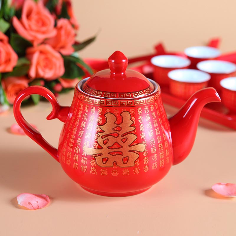 喜佳盟高档结婚婚庆用品红色茶具套装 茶壶茶杯中国红陶瓷配茶盘 (2)