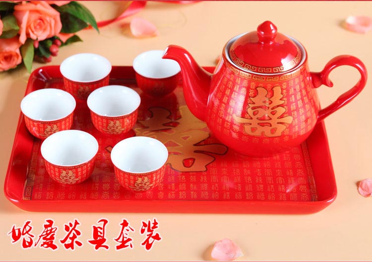 喜佳盟高档结婚婚庆用品红色茶具套装 茶壶茶杯中国红陶瓷配茶盘 (5)