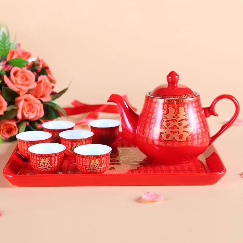 喜佳盟高档结婚婚庆用品红色茶具套装 茶壶茶杯中国红陶瓷配茶盘
