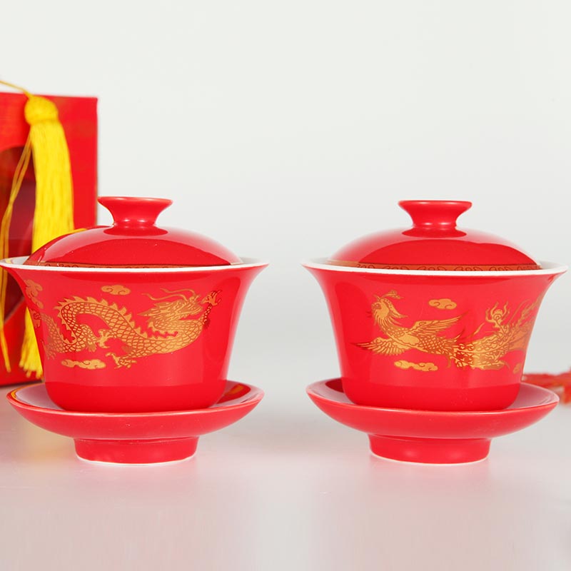 喜佳盟 中式喜碗结婚婚庆用品红盖碗 敬茶杯套装大号陶瓷茶具 (1)