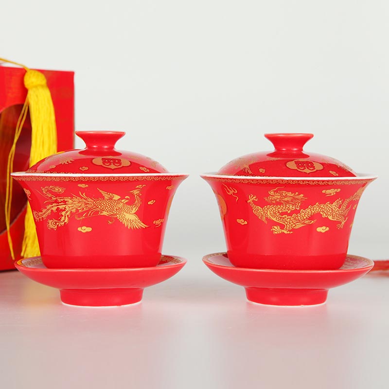 喜佳盟 中式喜碗结婚婚庆用品红盖碗 敬茶杯套装大号陶瓷茶具 (2)