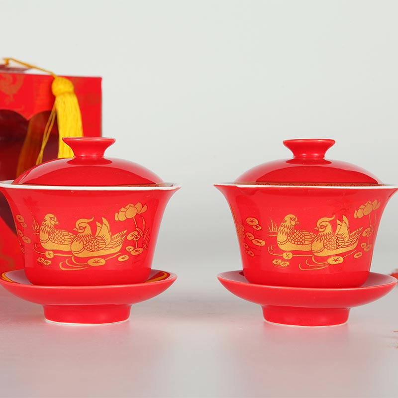 喜佳盟 中式喜碗结婚婚庆用品红盖碗 敬茶杯套装大号陶瓷茶具 (4)