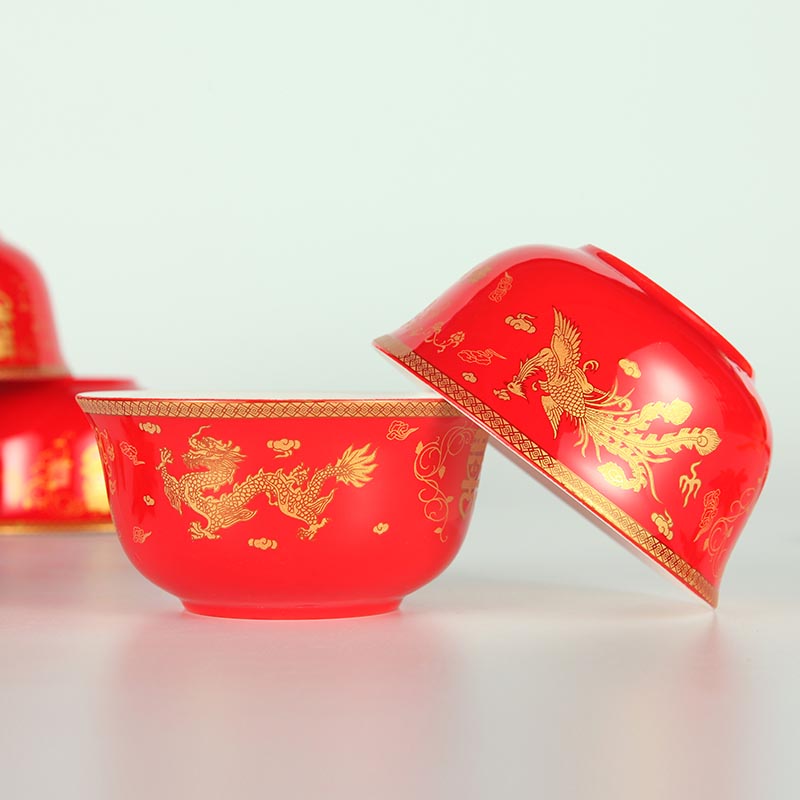 中式结婚婚庆用品金钟碗套装陶瓷米饭汤面大红碗龙凤百年好合礼品 (1)