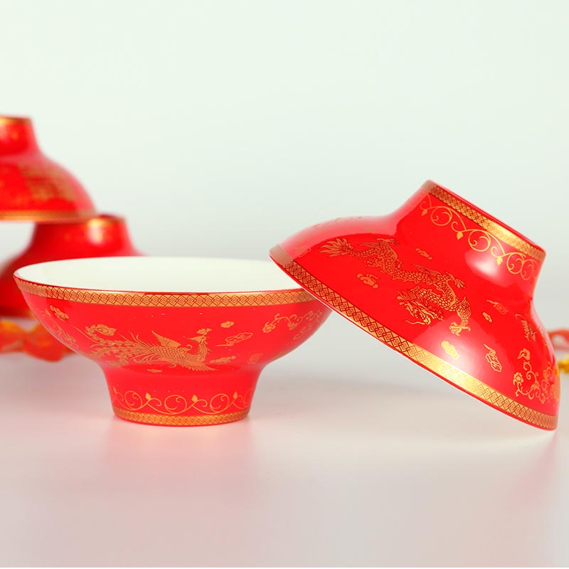 中式结婚婚庆用品高脚碗套装陶瓷米饭汤面大红碗龙凤百年好合礼品 (4)
