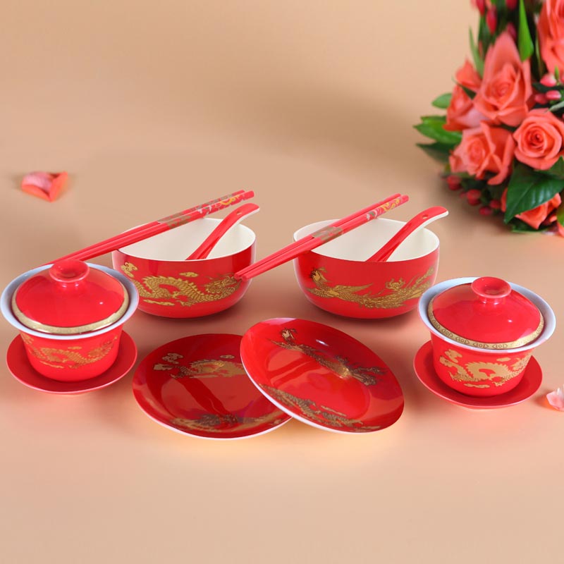 婚庆陶瓷龙凤喜碗对杯筷子敬茶盖碗四件套装结婚回送礼品物 (1)