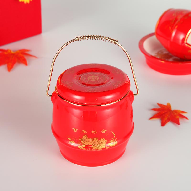 婚庆用品陶瓷子孙桶三件套 工艺摆件礼品 新娘嫁妆陪嫁摆设 (3)