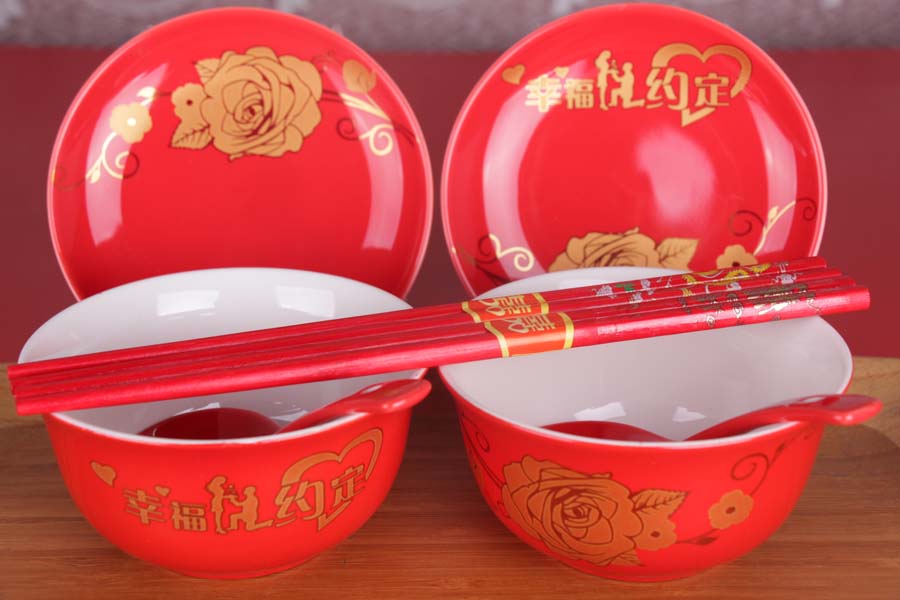 婚庆碗筷玫瑰八件套01