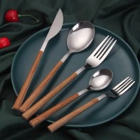 木柄木纹不锈钢西式高档餐餐具咖啡勺水果叉牛排刀叉子勺子套装